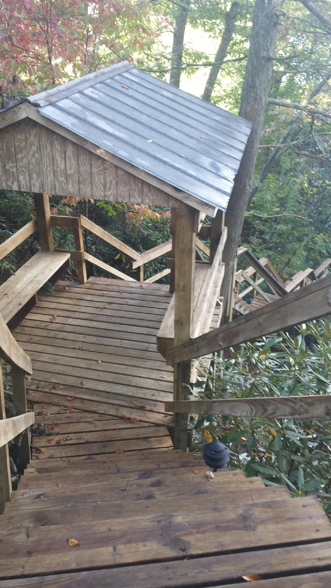 Metal roofed shelter over wooden steps on a wooded walkway — Skylight Repair & Installation work by our crew in Willington